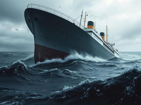 A sinking ship surrounded by dark storm clouds symbolizing failed business investments and financial dangers, stormy seas, trouble