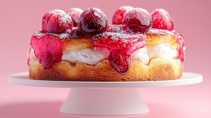 A delicious cranberry bread ring topped with cherries and cream, on a pink background. Perfect for bakery and festive visuals.