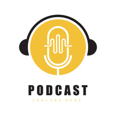podcast logo with microphone and earphone audio, radio waves. for studio, talk show, chat, information sharing, interview, multimedia.