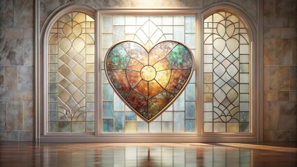 Heart-shaped stained glass window in ornate frame, illuminating a room with warm light