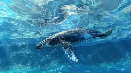Humpback whale underwater in crystal clear ocean scene