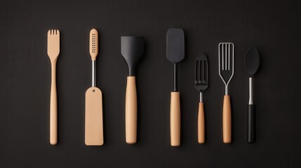 Stylish wooden kitchen utensils on a dark background