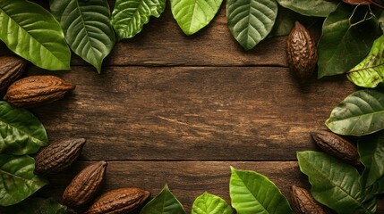 Cocoa Beans and Leaves on Wooden Background