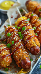 Korean Corn Dog with panko, sesame seeds, sweet chili sauce, and pickled radish