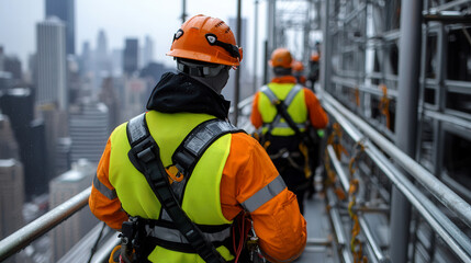 Construction workers on a high-rise scaffold in the city