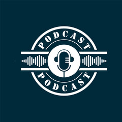 Fototapeta premium podcast logo with microphone and earphone audio, radio waves. for studio, talk show, chat, information sharing, interview, multimedia.
