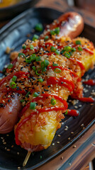 Crispy Korean corn dog with panko crumbs, sesame seeds, sweet chili sauce, and pickled radish