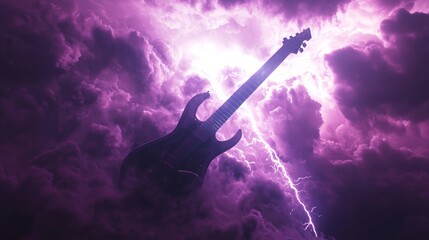 Fototapeta premium Electrifying Heavy Metal Fury - 3D Render of Dramatic Lightning Bolt Striking Guitar with Dark Clouds Swirling Above