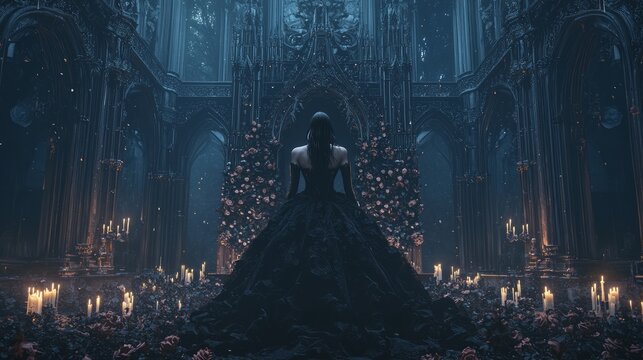 Gothic Metal Goddess: Dark Beauty in Black Dress Surrounded by Roses and Candles | 3D Render Digital Art with Ultra-Detailed Design