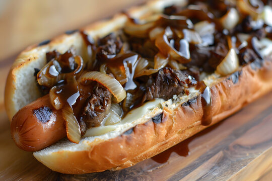 Grilled Philly cheesesteak hot dog with beef, caramelized onions, and provolone cheese on bun