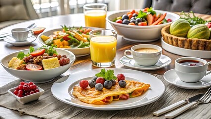 A delightful breakfast spread featuring a folded omelet with berries, alongside fresh fruit salads, juice, coffee, and tea.