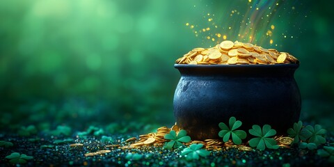 Banner with Pot of gold coins, clover leaves and rainbow. St. Patrick's day concept.