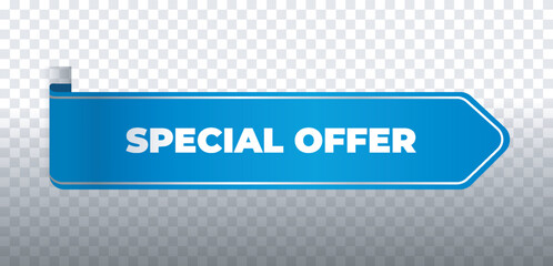 Blue arrow-shaped label with Special Offer text, isolated on a transparent background, suitable for sales, promotions, and marketing materials. Vector illustration