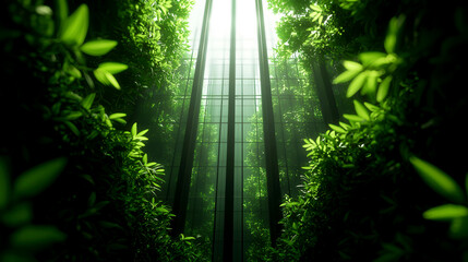 Fototapeta premium Lush green foliage with sunlight filtering through glass structure