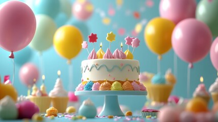 Happy Birthday Concept, Kids celebrating a birthday party with balloons and cake.