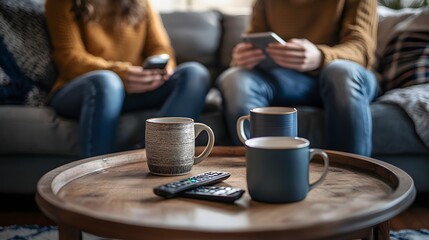 Couple Relaxing At Home With Coffee And Technology