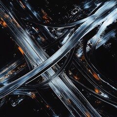 A black and white photo of a highway with orange and blue lines