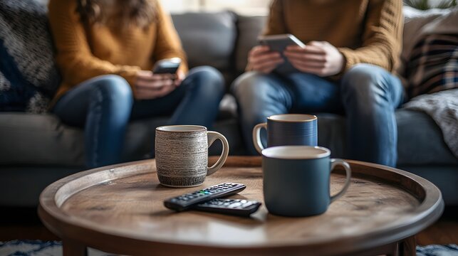 Couple Relaxing At Home With Coffee And Technology