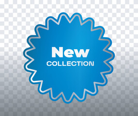 Blue badge with text New Collection on transparent background. Spiky star-shaped design for promotion, marketing, and advertisement materials. Vector illustration