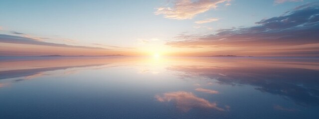 A breathtaking aerial perspective of a vast salt flat reflecting the sky under a panoramic sunrise, Salt flat sunrise scene, Cinematic style