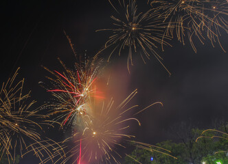 Colorful fireworks light up the dark night of New Year 2025