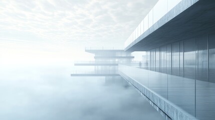 Obraz premium A modern architectural structure emerging from fog, showcasing sleek lines and minimalism.