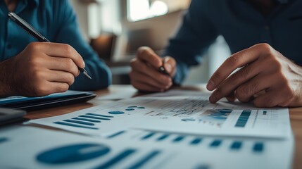Businessmen reviewing financial data graphs and charts