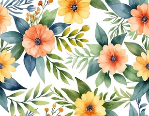 Watercolor Floral Pattern Featuring Orange and Yellow Flowers