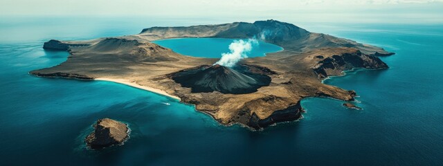 A breathtaking aerial perspective of a volcanic archipelago with smoking calderas and pristine beaches, Volcanic islands scene, Cinematic style