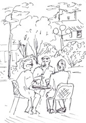 three people sitting at a table in a street cafe, travel sketch