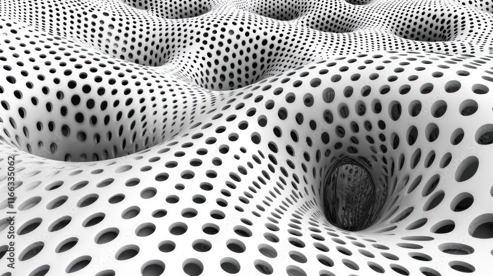 Poster abstract 3d render: perforated surface with vortices