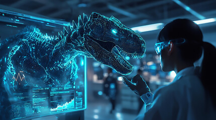 Naklejka premium A woman wearing a lab coat is looking at a computer screen with a dinosaur on it