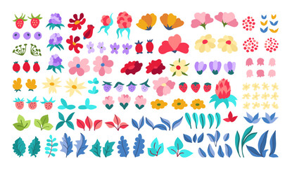 Flower leaf and berry simple cartoon rustic set. Hand drawn folk botanical herbal illustration for logo, tattoo, wedding invitation postcard. Design element for pattern, rural vector graphic ornament