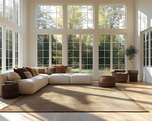 Sunlit living room with sectional sofa and large windows.