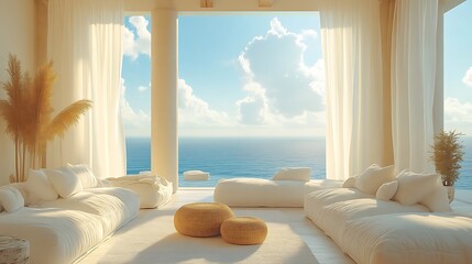 Sunlit coastal living room with ocean view. (1)