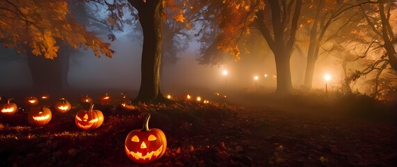Bright colorful fall landscapes adorned with pumpkins enhancing seasonal beauty