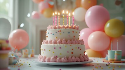 Happy Birthday Concept, A colorful three-tiered birthday cake with candles for celebration.