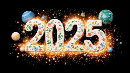 Cosmic celebration of planets aligning to say hello 2025 and goodbye 2024 with hope and optimism in a futuristic scene