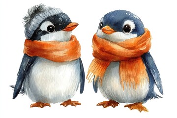 Two cute penguins wearing scarves and hats, ready for winter.
