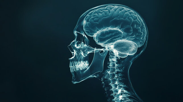 Side profile x-ray of a human skull showing the brain. Etherwood. Illustration