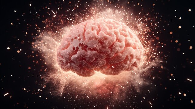 A brain exploding with digital particles, representing the transformative power of technology and the expansion of human potential.