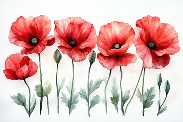 Obraz premium A vibrant illustration of red poppy flowers with green leaves.