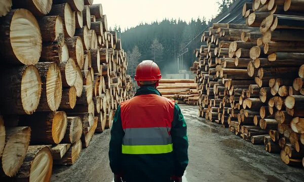 A worker in safety gear stands between stacks of timber in a logging area.