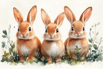 Three cute rabbits sitting in grass with greenery around them.