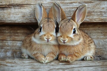 Fototapeta premium Two adorable rabbits sitting closely together on a wooden surface.