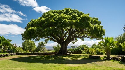 Fototapeta premium Lush Green Tree Stands Tall Under Blue Sky