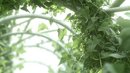 Intricate Mechanical Ivy: Innovative 3D Render Artwork of Metallic Botanical Sculpture Climbing Trellis with Ultra-Detailed Design