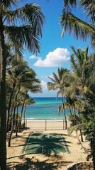 Obraz premium A serene beach view framed by palm trees and a basketball court.