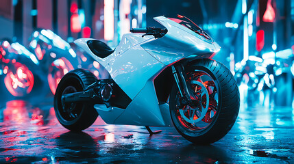 A white motorcycle is parked in a wet street