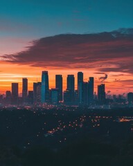 Obraz premium A city skyline at sunset, showcasing tall buildings against vibrant colors.